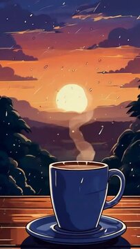 Cup of hot coffee on the table at sunset in the rain. Loop animation. lofi music background, 2D flat anime-style Looping Music Video Background
