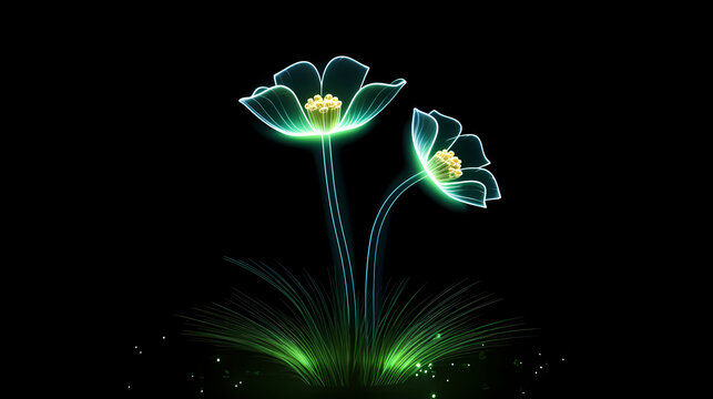 Glowing flowers growing on the grass under the starry sky at night