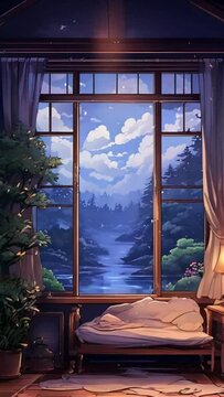 Cozy living room rainy atmospheric forest lo-fi, zoom background screen, chill hip hop lofi aesthetic environment, anime style animation