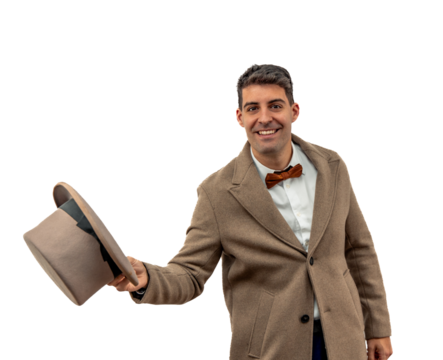 PNG Vintage Gentleman with Bowler Hat and Trench Coat Saluting white transparent empty background