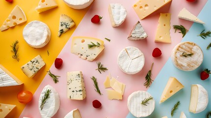 A colorful flatlay display of an array of farm-fresh cheeses, including creamy brie, tangy goat cheese, and aged cheddar, representing the dairy-centric aspect of Shavuot.