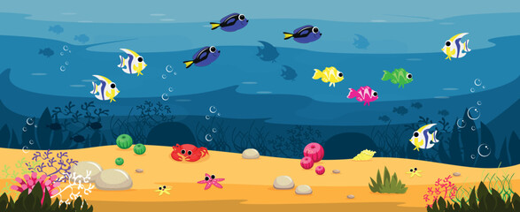 Vector illustration of beautiful ocean depth. Cartoon blue ocean scene with different colored fish, crab, starfish, shells, pebbles, green, brown, red algae, bubbles. Underwater world.