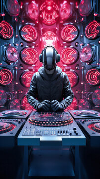 A hyper-technological DJ cover symbolizes the heart of TECHNO music, illustrating the art of mixing and the energy of music scenes designed for the creation of music playlists. Ai generated