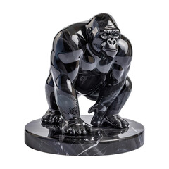 Handmade crystal Gorilla black Glass Figurine on round podium isolated on transparent background.
