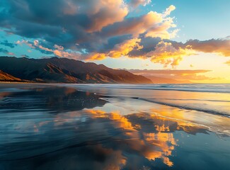 Sunset at the beach with waves and mountains in New Zealand, bright colors, golden light reflecting on wet sand, blue sky with clouds, tranquil atmosphere, natural beauty of nature, travel background