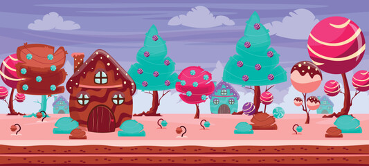 Vector illustration of an incredible game landscape. Cartoon scene of a fantastic candy landscape with colored trees, candies, houses with a roof, frosted with sprinkles, windows, trees, bushes.