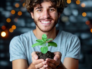 A man is holding a small plant in his hands. He is smiling and he is happy