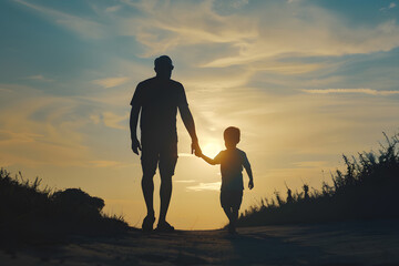 Silhouette of father and son walking in the sunset for father's day background and celebration