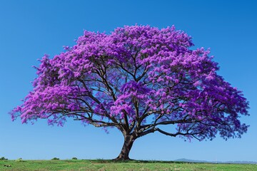 Naklejka premium Behold the awe-inspiring view of a blooming purple Ipê tree, where deep purple flowers add a touch of royalty against the verdant foliage and clear blue skies, encapsulating the beauty
