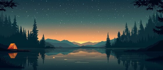 Fototapeta premium Simplistic vector illustration of a serene lakeside camping scene, flat colors, minimalistic style, starry sky background