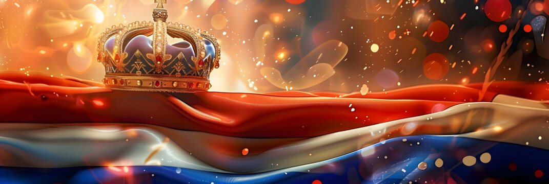 Banner featuring the Dutch Kingdom flag waving proudly with a golden crown atop it, symbolizing national unity and royal heritage for Dutch King's Day National Holiday