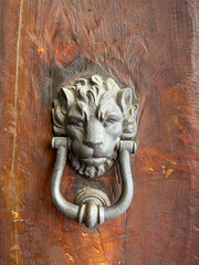 Antique brass lion door knocker on an old wooden door