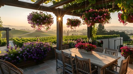 A cozy outdoor dining area with a trellis adorned with hanging baskets of colorful petunias, overlooking a sun-drenched vineyard and rolling hills.