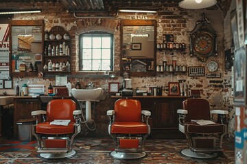 Vintage style stock photo of a traditional barbershop interior from the 1950s, barber chairs, and classic grooming products on display
