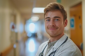 Young medical professional with a stethoscope, friendly expression, hospital corridor in the background