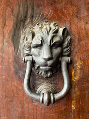 Antique brass lion door knocker on an old wooden door