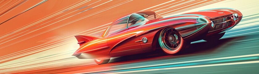 Bold vector illustration of a retrofuturistic car in motion, dynamic angles, bright and contrasting color palette - obrazy, fototapety, plakaty
