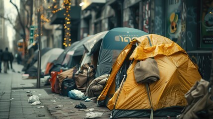 Tents of homeless people on the street. Street life