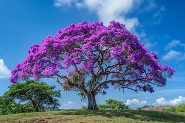 Obraz na płótnie Canvas Behold the awe-inspiring view of a blooming purple Ipê tree, where deep purple flowers add a touch of royalty against the verdant foliage and clear blue skies, encapsulating the beauty