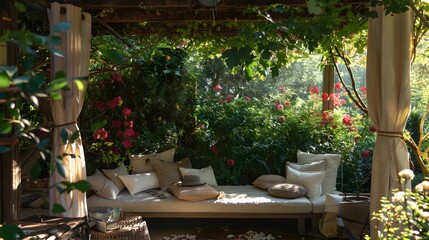 Fototapeta na wymiar A cozy seating area nestled under a canopy of flowering vines, with cushions and throws for ultimate relaxation