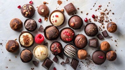 A curated flatlay of gourmet chocolate truffles and pralines, indulgent treats enjoyed during the...