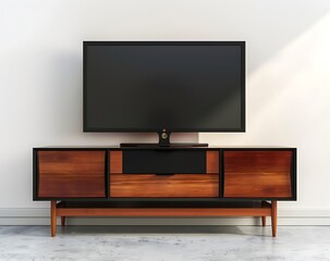 modern TV on the white background with brown and black color stand