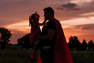 Father and daughter in superhero costume, concept of father love