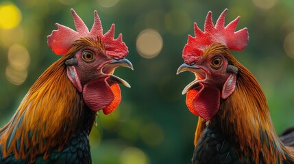 Two Phasianidae roosters with open beaks yelling ai each other - obrazy, fototapety, plakaty