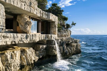 A living room of a villa shaped like blocks of limestone rock along the cliff facing the sea, with waterfalls from the roof