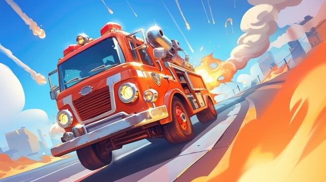 cartoon rendering of a fire truck car on a dynamic background
