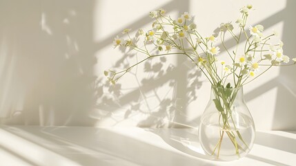 A delicate bouquet of wildflowers resting in a simple glass vase, casting soft shadows on the...