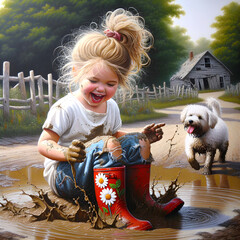 A happy young girl plays in a mud puddle laughing as she splashes around with her hands and red boots
