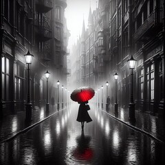 A solitary figure of a woman with a red umbrella stands in the center of a wet, cobblestone street, surrounded by old European-style buildings shrouded in mist and illuminated lighting
