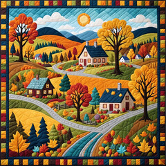 A vibrant countryside scene in a patchwork quilt pattern of autumn colors and whimsical shapes of roads and quaint houses