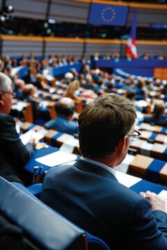 View from behind of an MEP sitting in his seat, surrounded by other politicians, in a plenary session of the European Parliament. Concept of European Union and democracy