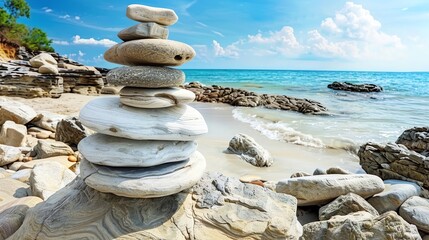 A serene beach scene featuring a cairn of smooth, stacked stones against a backdrop of gentle waves, clear skies, and a warm sun.