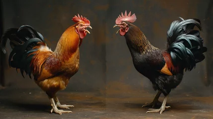 Fotobehang Two Phasianidae roosters with open beaks yelling ai each other, studio photo © Katsiaryna