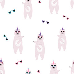 Colorful seamless pattern with funny dancing bears in disco glasses.