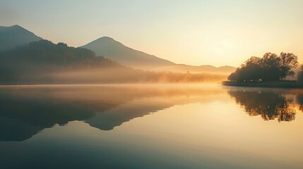 sunrise over the calm mountain lake