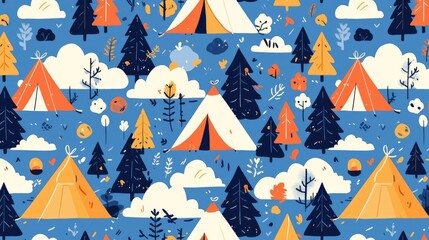 Introducing a fresh pattern featuring a vibrant new color scheme and adorable cartoon camping tents