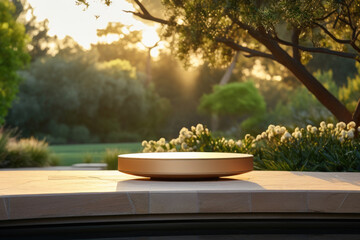 Wooden platform or plate next to tree in park. Product podium made from wood, in green garden under sunset light, surrounded by trees and plants for outdoor setting