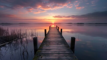 Small Dock at the lake water at sunset landscape, seascape sunrise