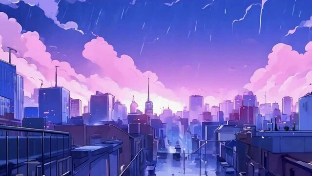 Animated virtual backgrounds, stream overlay loop, cozy lo-fi living room at sunset, Vtuber asset twitch zoom OBS screen, chill hip hop, hand-drawn, Japanese 2D anime style animation 4K video