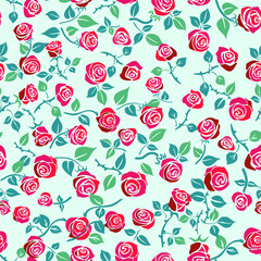 The image features a seamless floral pattern of red roses on a light blue background. Some of the roses appear with stems and leaves, while others are individual flowers. 