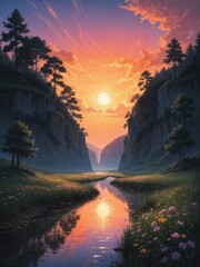 dreamy landscape with mountains in painting style and sunset over the river 