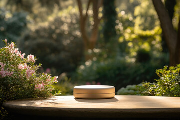 Round platform on wooden table in forest. Wood podium in green garden, illuminated by warm hues of sunset, natural backdrop of trees and plants for product presentation