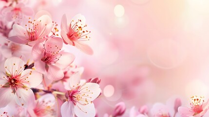 A fresh and bright spring banner featuring a close-up of delicate cherry blossoms in full bloom, with soft pastel colors and plenty of space for promotional content or greetings.