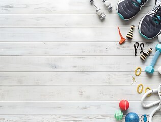 Top view of fitness equipment and sport accessories on light wooden background, minimalistic concept photography, flat lay