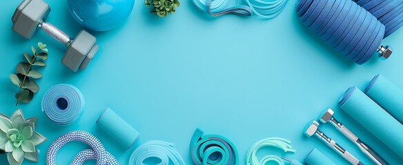 Top view of fitness equipment and yoga accessories on blue background with copy space, flat lay, wide angle, stock photo, high resolution photography