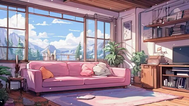 Animated virtual backgrounds, stream overlay loop, cozy lo-fi living room at sunset, Vtuber asset twitch zoom OBS screen, chill hip hop, hand-drawn, Japanese 2D anime style animation 4K video
